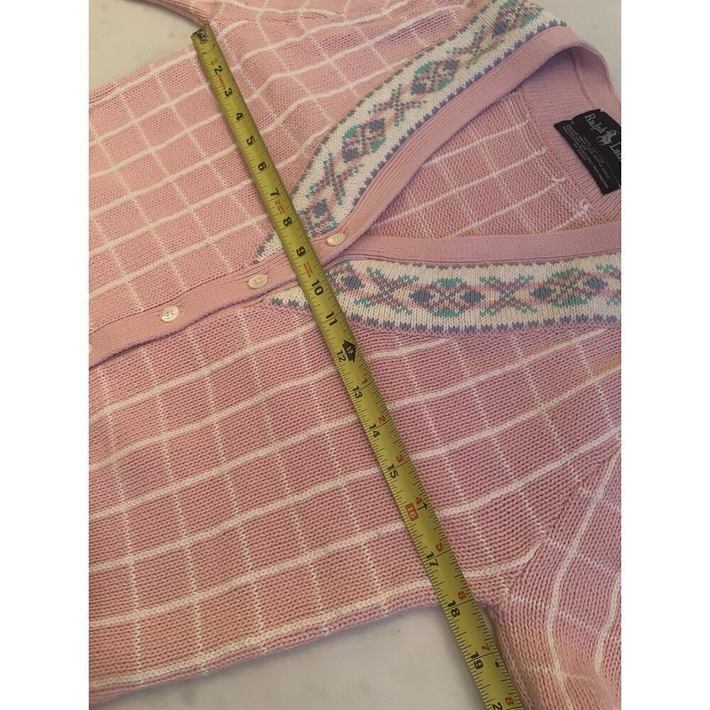 Vintage 80s Ralph Lauren Collection Cardigan Sweater Granny Knit Cotton M L Pink - Picture 7 of 9